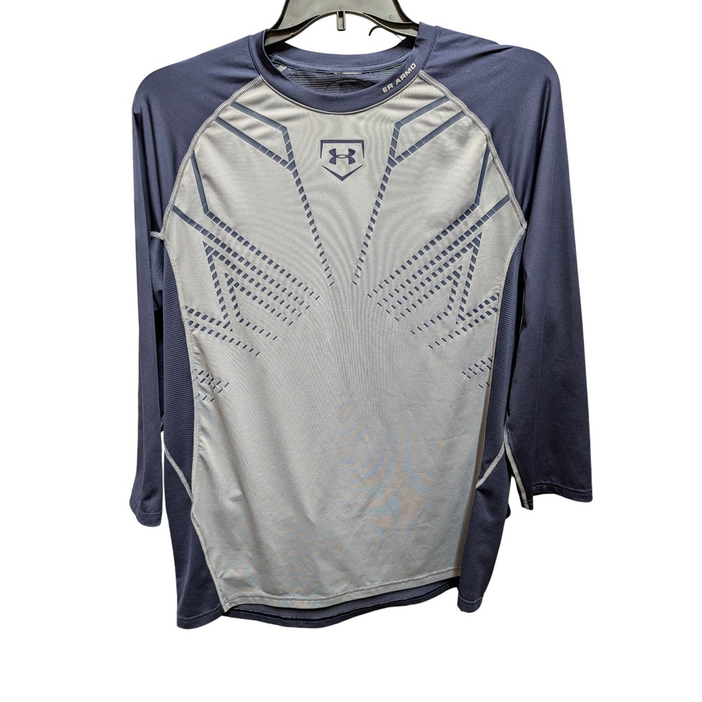 Under Armour Mens HeatGear Long Sleeve Athletic Shirt Navy Gray Graphic Large